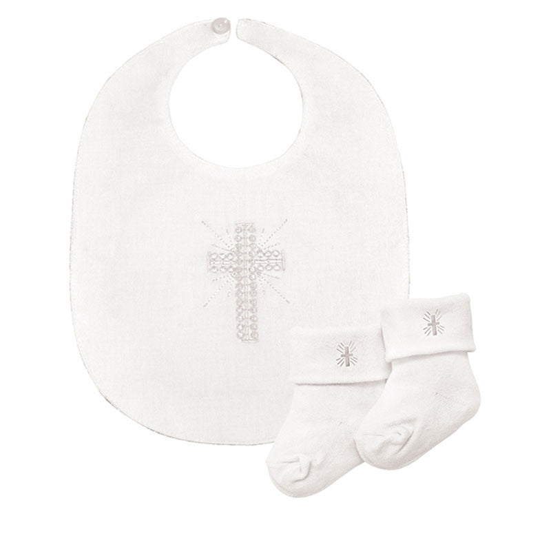 Embroidered Cross Bib & Lace Sock Set: 6-12 Months
