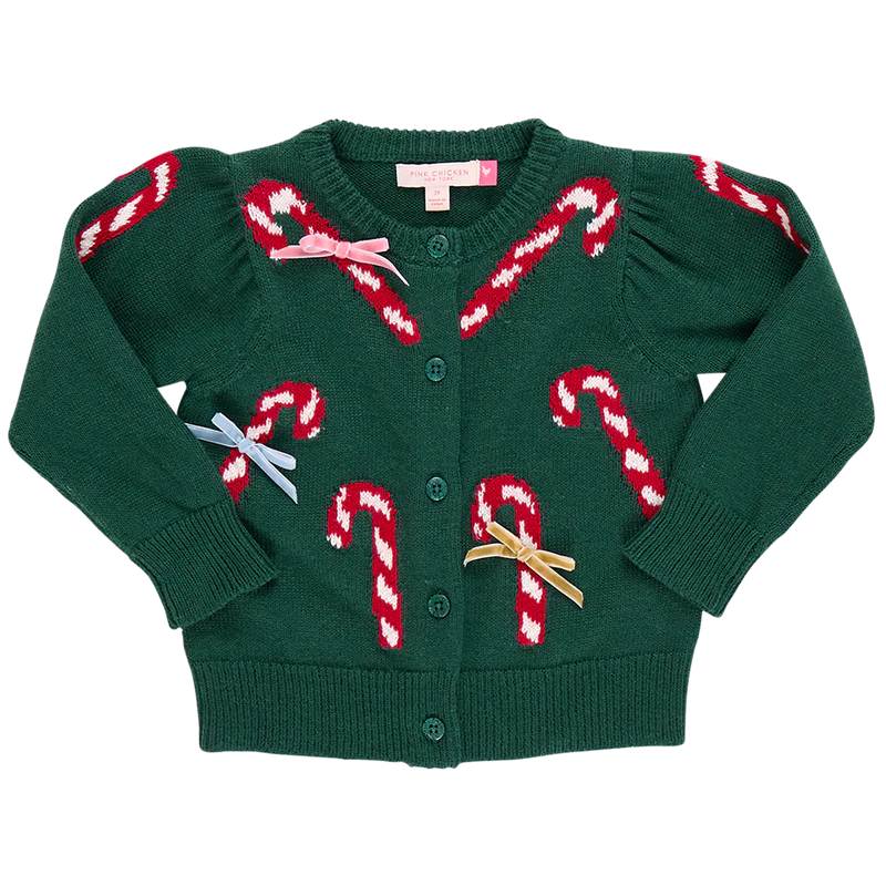 Girls Constance Sweater - Green Candy Cane Bows